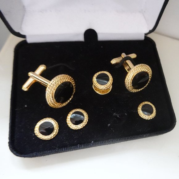 Black Onyx and Gold Tuxedo Cufflinks and Studs - Picture 1 of 2